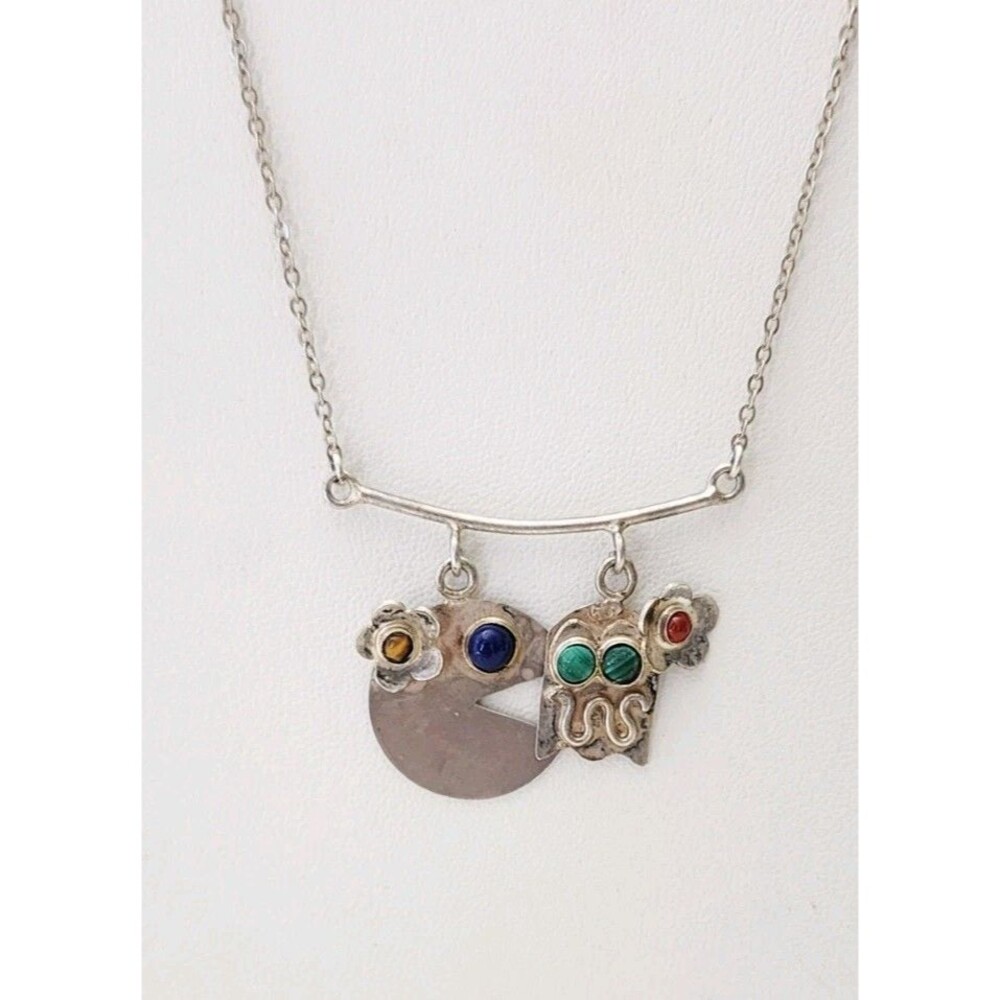 Artisan Signed BK Sterling Silver Necklace PAC-Man Malachite Flower Whimsical